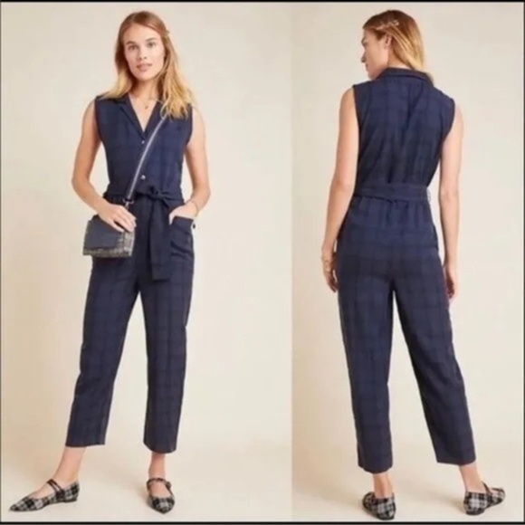 Anthropologie Brielle Plaid Jumpsuit navy blue size Medium M y2k boho H - Picture 1 of 10